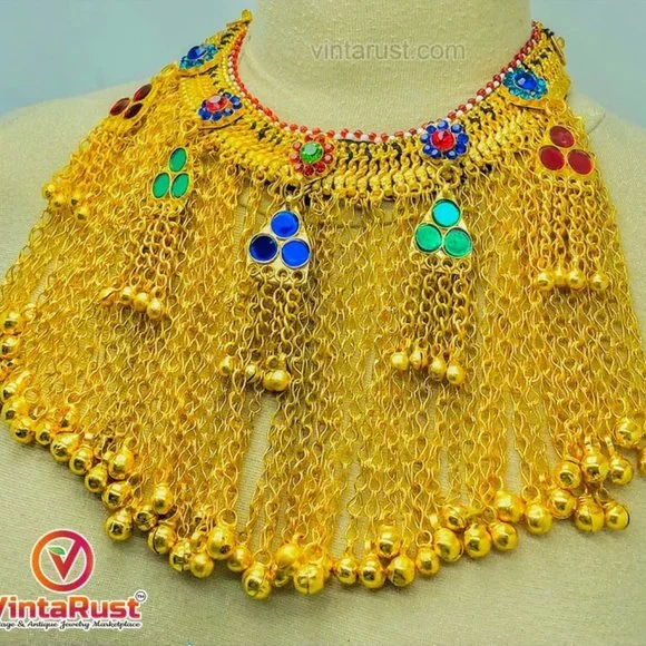 Golden Massive Choker Necklace- Afghan Kuchi Choker Necklace With Long Bells-